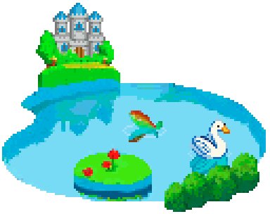 A pixel art animation of a tranquil pond scene. On the far bank sits a castle. A trout swims and jumps in the water, while a floating goose honks twice.