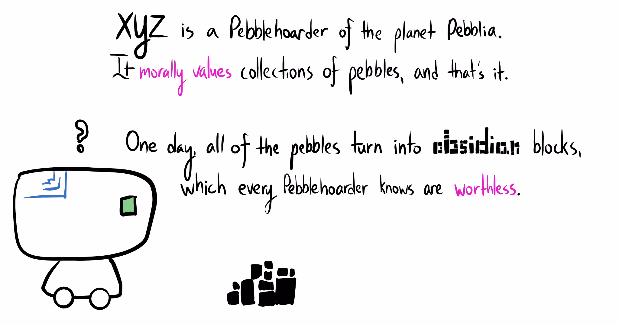 A simple robot on wheels next to handwritten text: "XYZ is a Pebblehoarder of the planet Pebblia. XYZ morally values collections of pebbles... One day, all of the pebbles turn into obsidian blocks, which every Pebblehoarder knows are worthless." A pile of obsidian blocks is below.