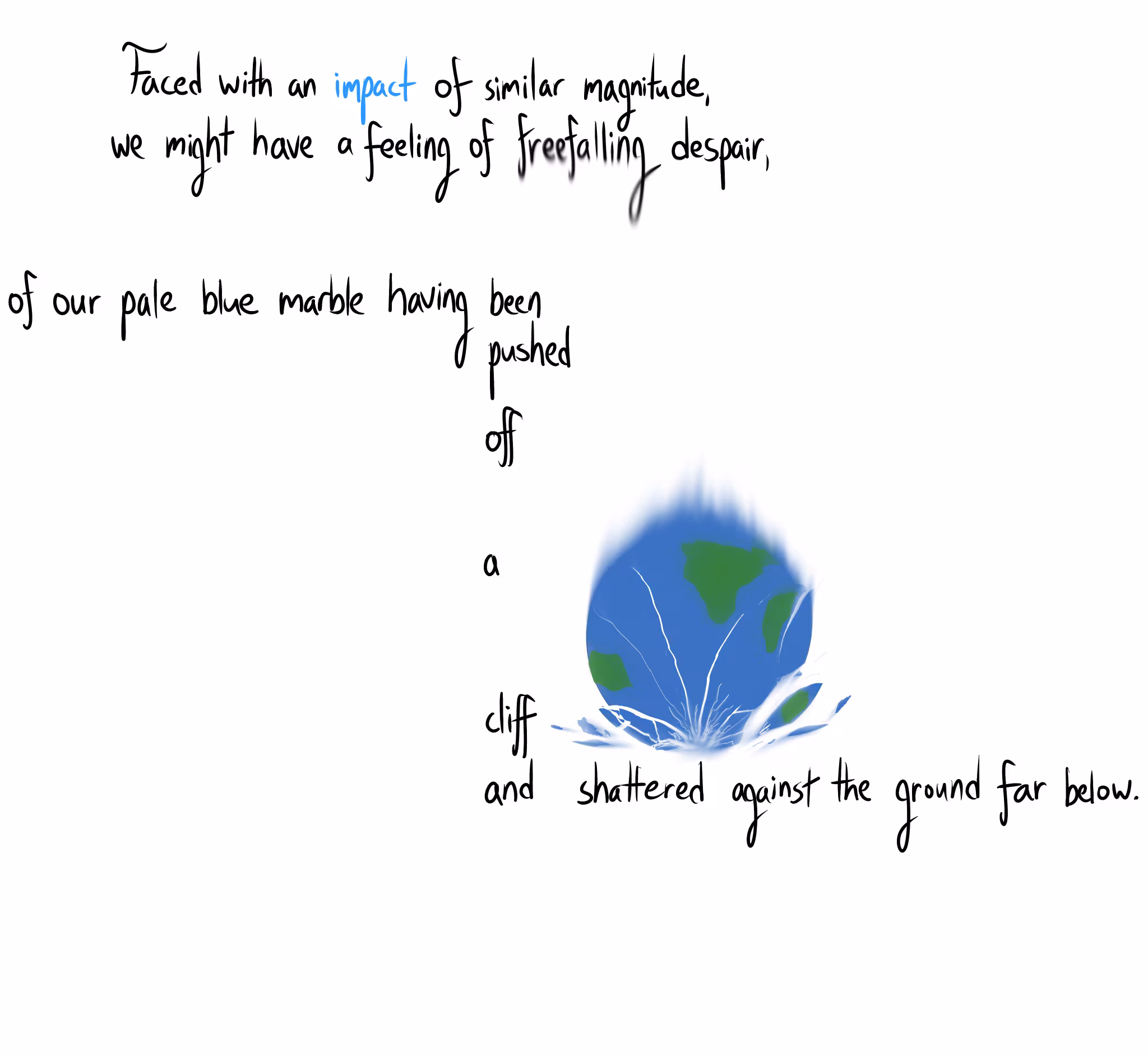 An illustration of Earth shattering is accompanied by handwritten text: "Faced with an impact of similar magnitude, we might have a feeling of freefalling despair, of our pale blue marble having been pushed off a cliff and shattered against the ground far below."