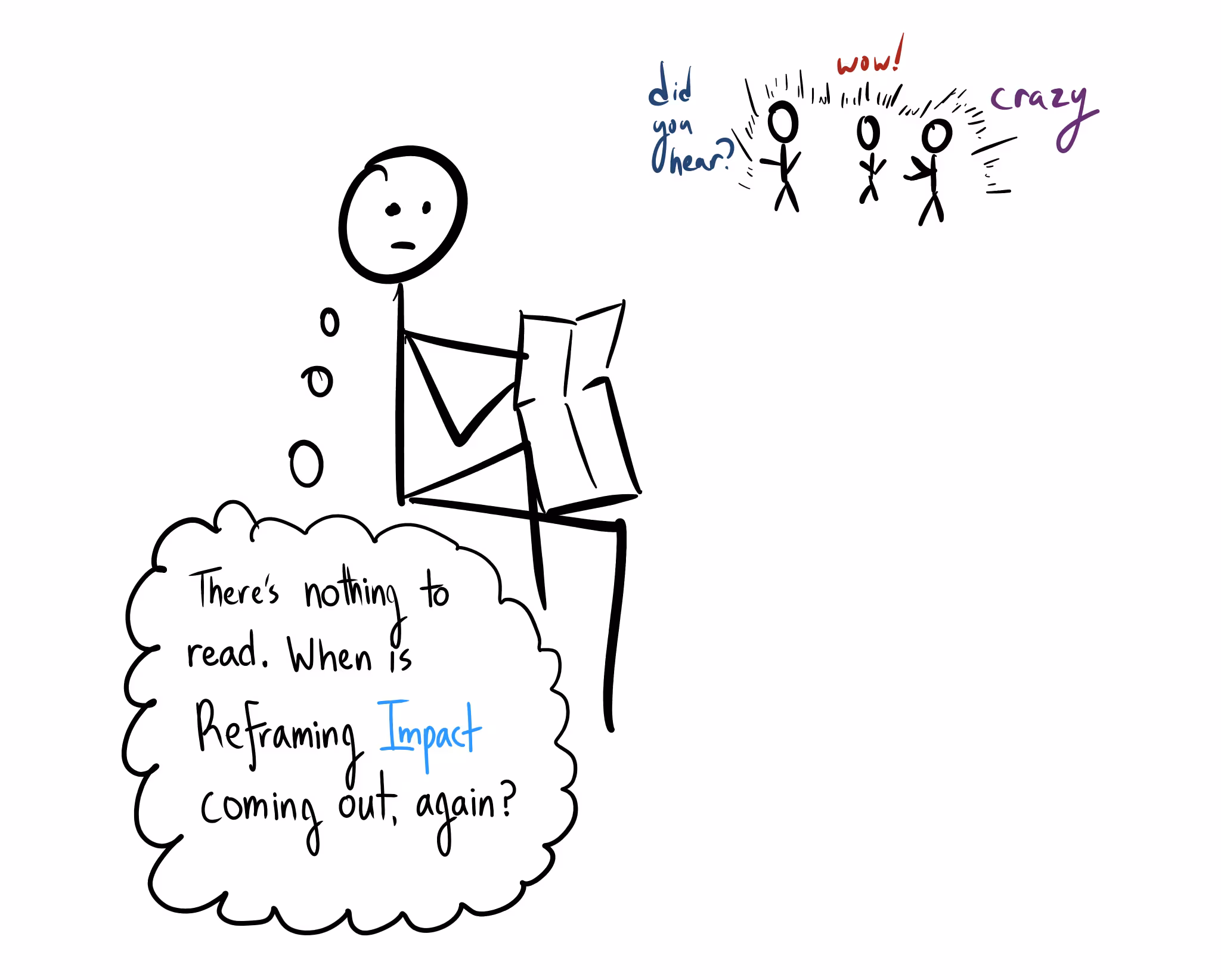 A stick figure sits reading, with a thought bubble: "There's nothing to read. When is Reframing Impact coming out, again?". Nearby, a small, excited crowd of stick figures chatters with words like "did you hear?", "wow!", and "crazy".