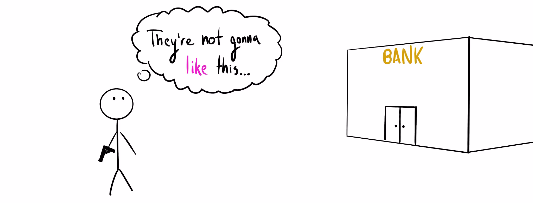 A stick figure holding a gun stands outside a building labeled "BANK" and thinks, "They're not gonna like this..."