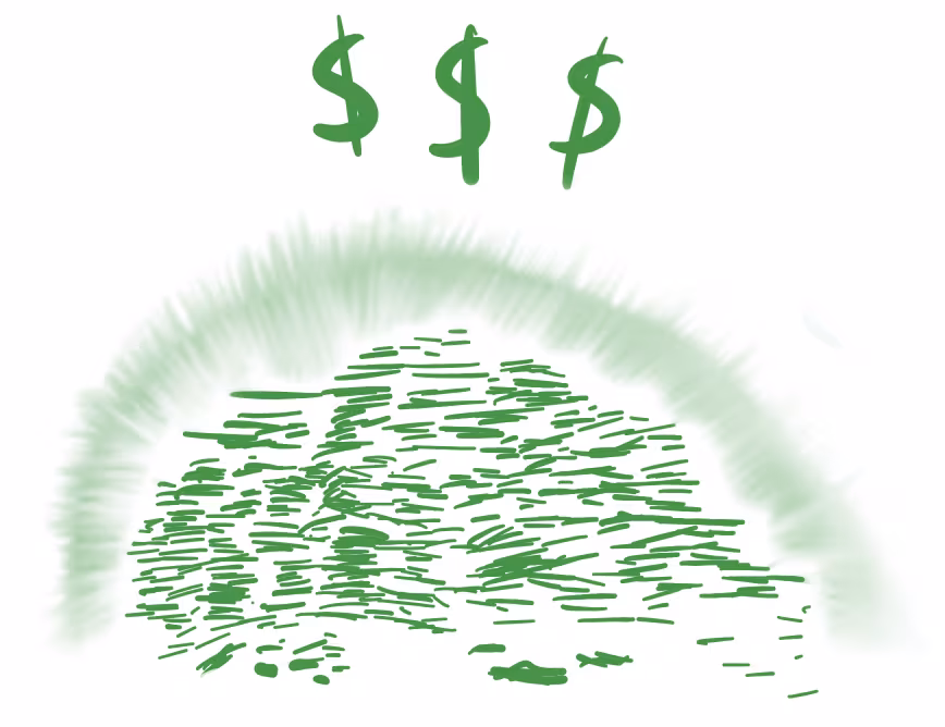 A massive, glowing pile of cash, with three large dollar signs floating above.