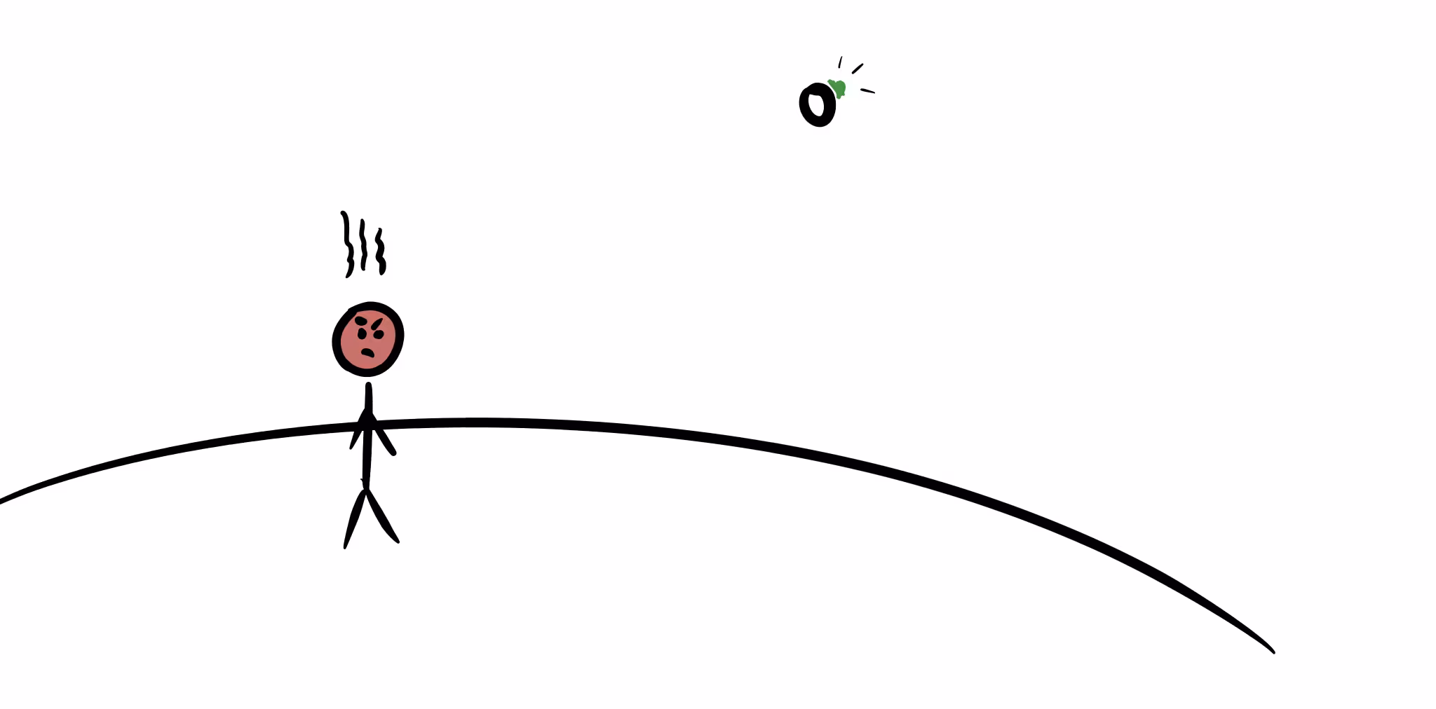 A cartoon stick figure with a red, angry face stands on a curved surface, looking up in frustration at a distant stack of cash on the moon.
