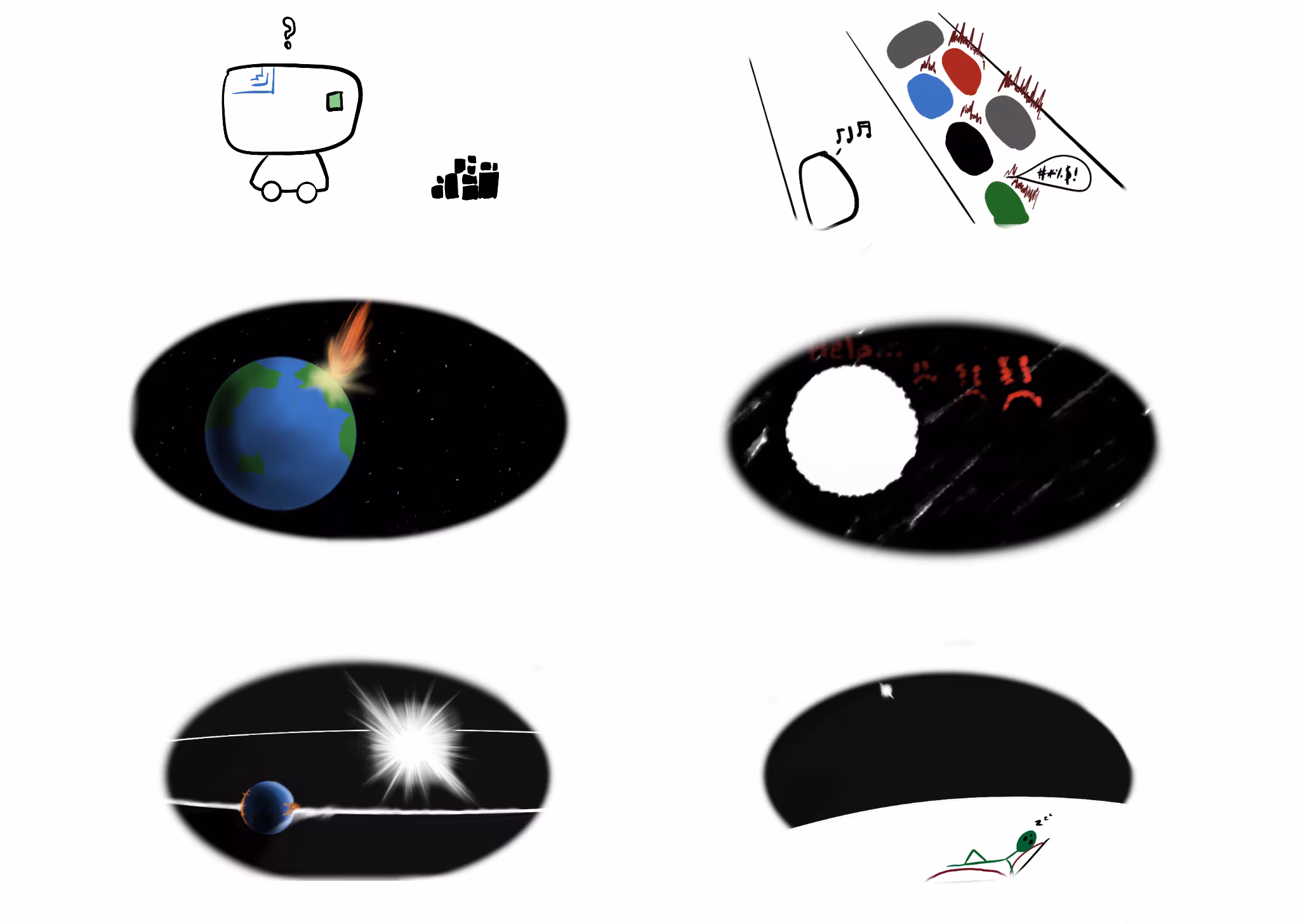Six oval illustrations depicting various scenarios: 1. An asteroid hurtling towards a planet. 2. A white void next to a red frowny-face. 3. The Sun going supernova and ravaging Earth. 4. A robot looking at small obsidian blocks (which it considers worthless, unlike pebbles). 5. A traffic jam. 6. An alien relaxing as a distant star goes supernova.