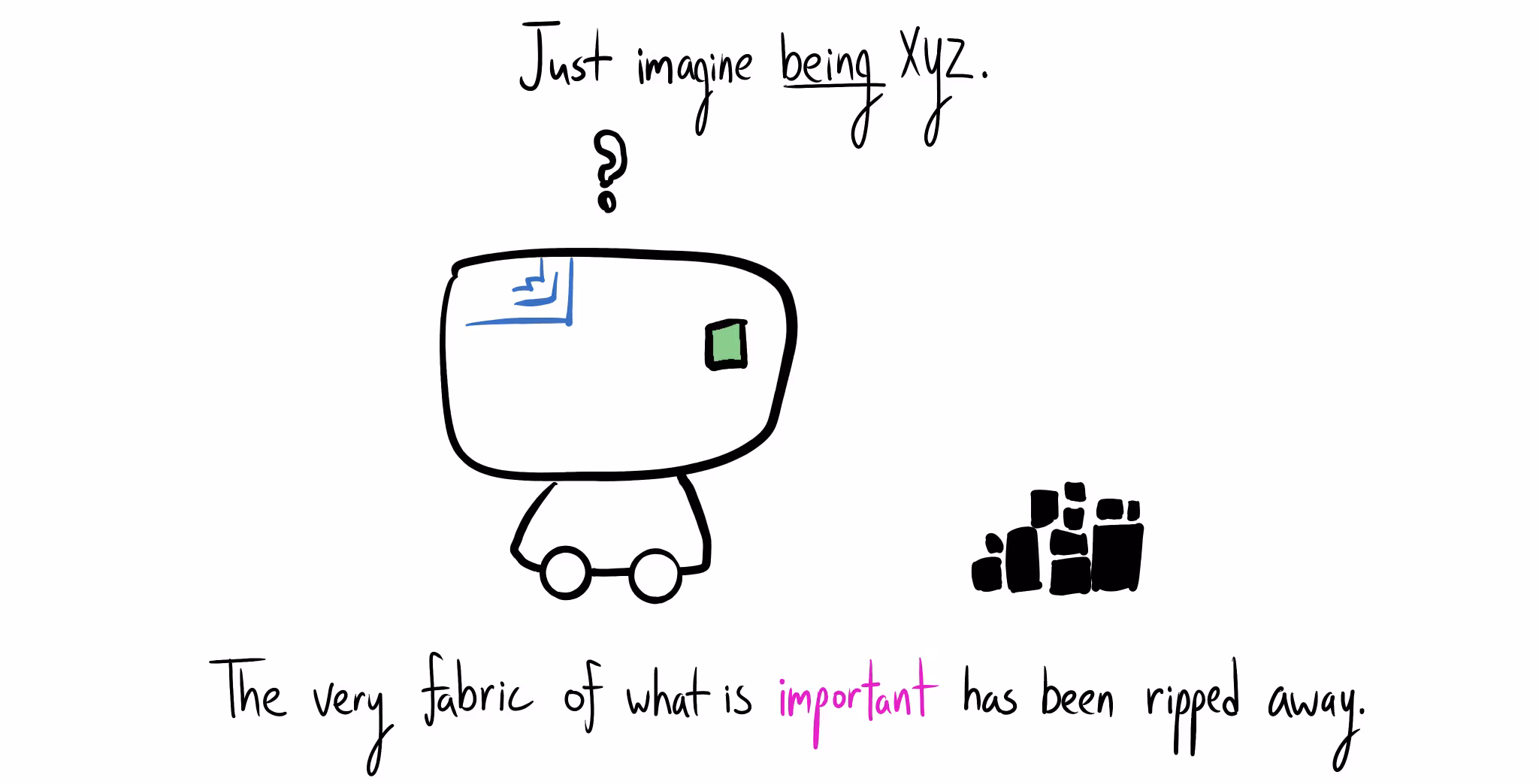 A confused cartoon robot with a question mark above its head stares at a jumbled pile of blocks. Text reads: "Just imagine being XYZ. The very fabric of what is important has been ripped away."