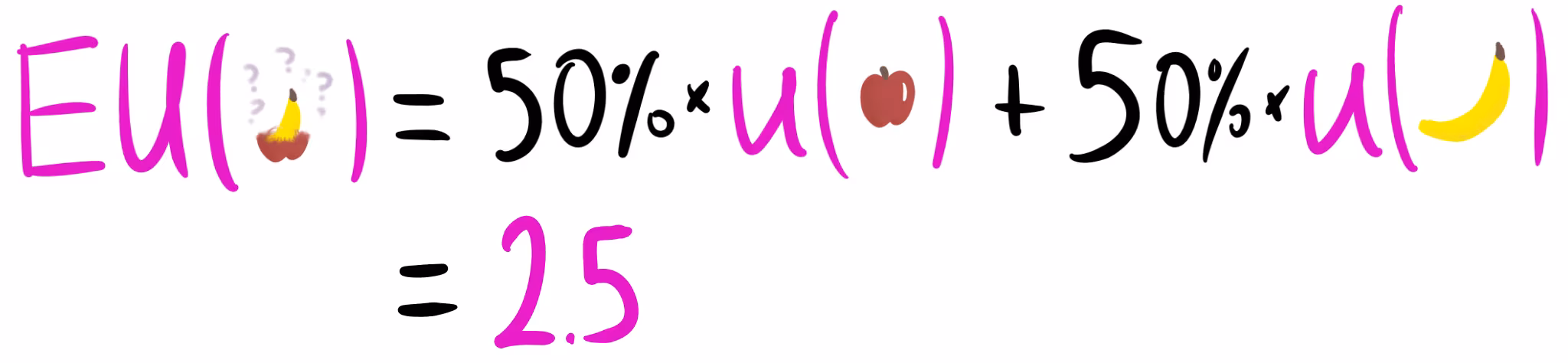 The EU of a maybe-banana / maybe-apple equals 50% times the utility of apple plus 50% times the utility of banana. In this case, the EU is 2.5.