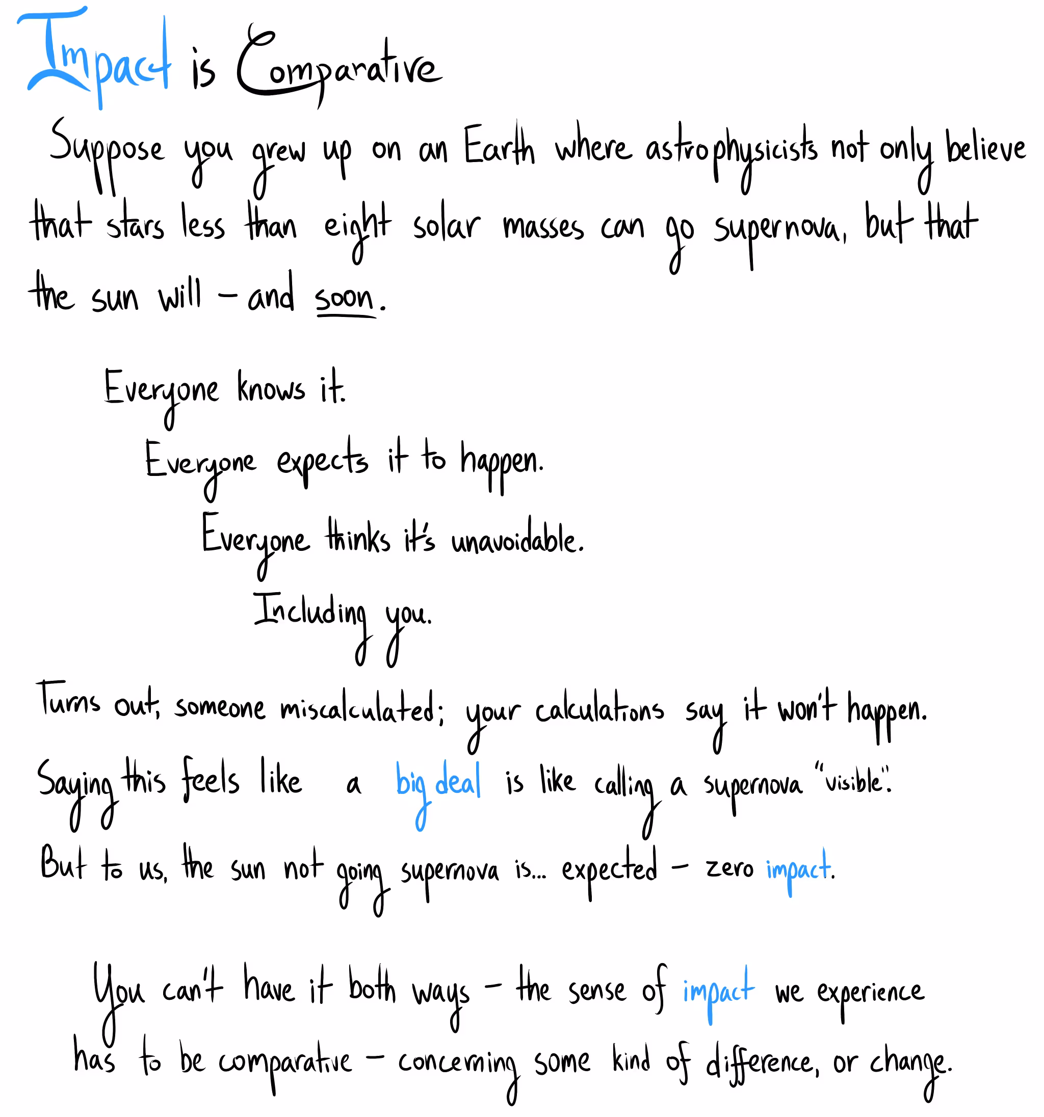 Handwritten text titled "Impact is Comparative." It explains that if we grew up expecting the sun to go supernova, discovering it won't would be a big deal. But to us, it's the expectation, so it has zero impact. The text concludes that impact must be comparative, based on difference or change.