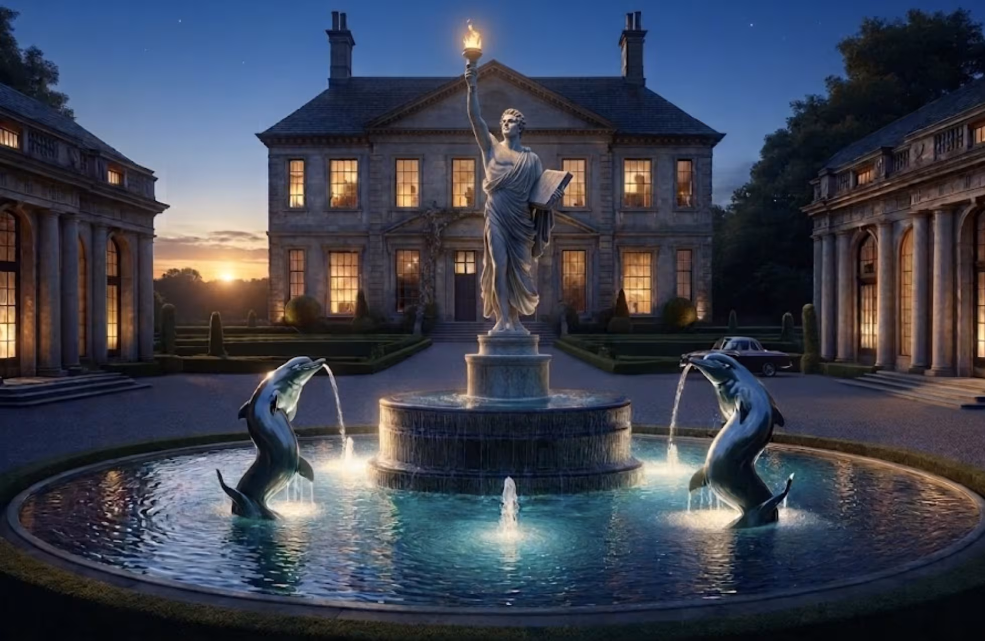 A man and two young boys stand at the edge of a large, circular fountain in front of a grand manor at dusk. The fountain is illuminated, with a central marble statue of a man holding a lit torch and a book, flanked by dolphin statues spouting water.