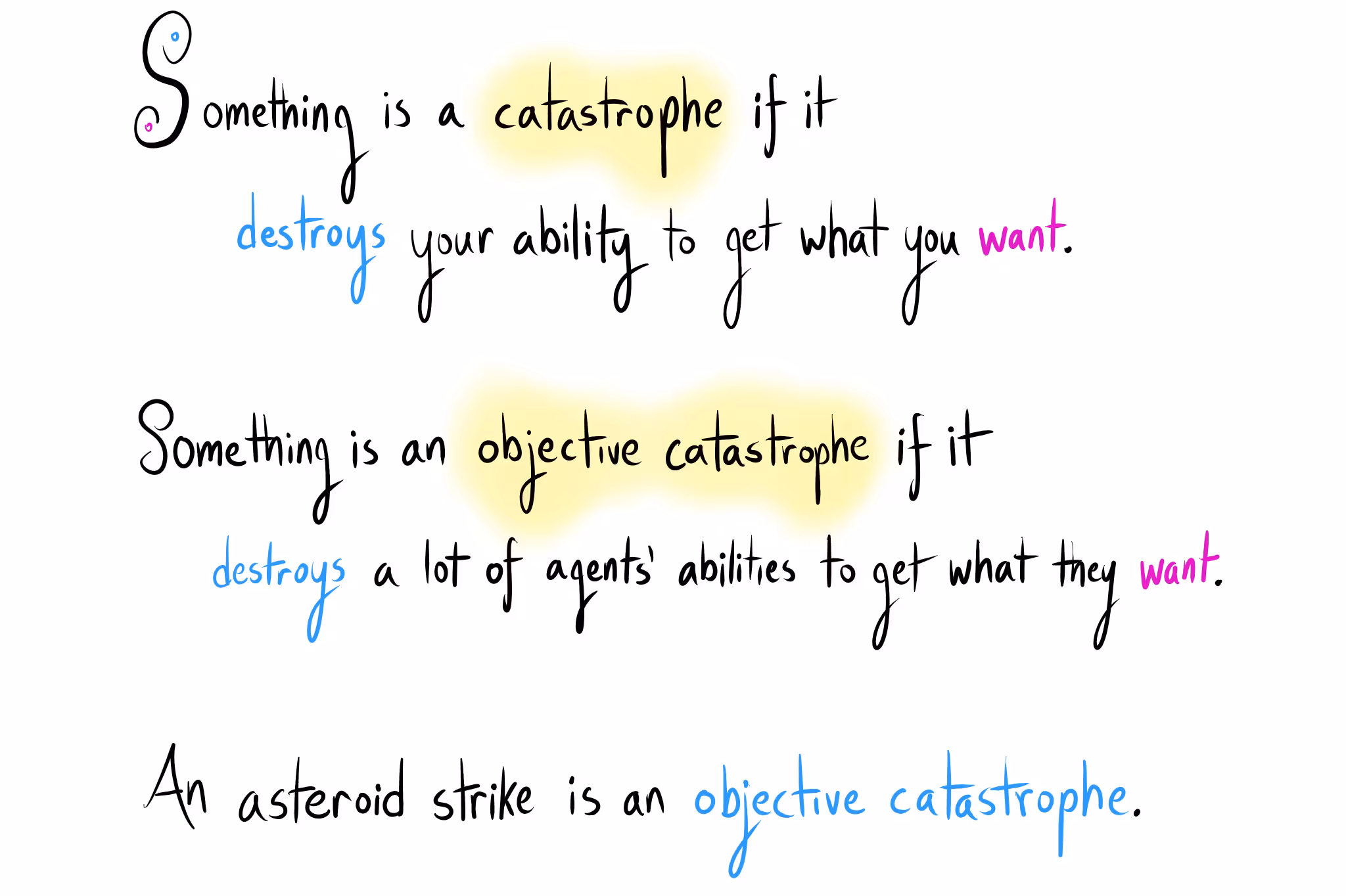 "Something is a catastrophe if it destroys your ability to get what you want... Something is an objective catastrophe if it destroys a lot of agents' abilities to get what they want. An asteroid strike is an objective catastrophe."