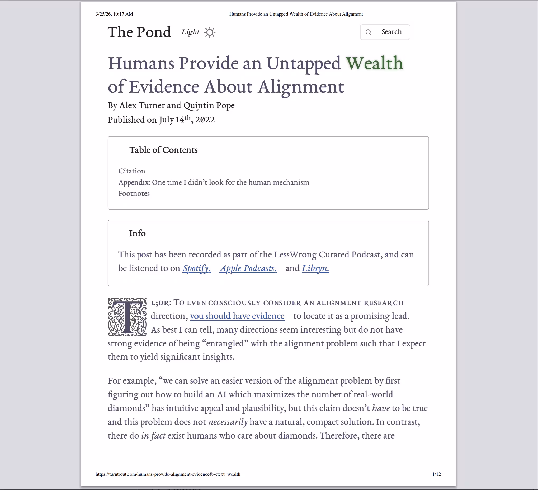 A cluttered print preview for the article 'Humans Provide an Untapped Wealth of Evidence About Alignment.'