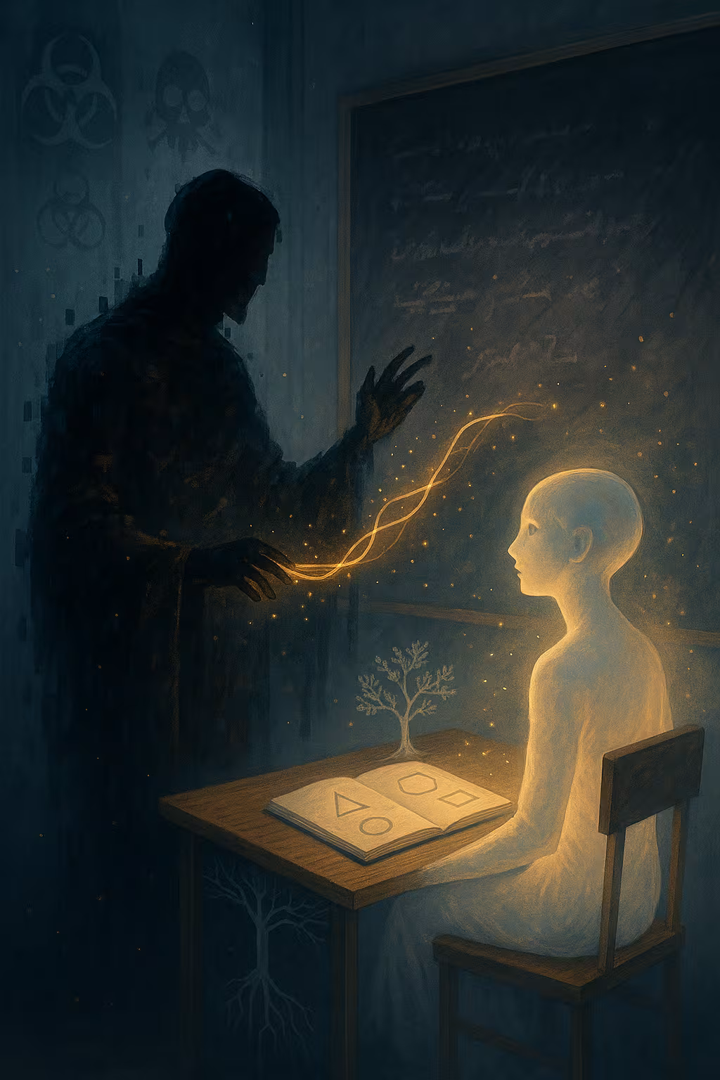 In a dark classroom, a shadowy teacher figure with biohazard symbols behind them transfers a glowing ribbon of knowledge to a luminous student. The student studies a book of simple shapes, illustrating the distillation of good knowledge while leaving behind the bad.