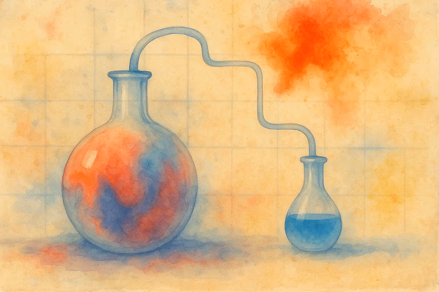 A watercolor of a lab setup where a flask of mixed red and blue liquid is distilled. A tube transfers vapor to a second flask, which collects only blue liquid, leaving the red behind.