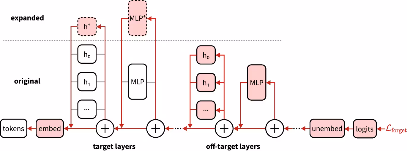 A diagram of the "Route" step in the Expand, Route, Ablate method, showing the backpropagation path for "forget" data. In "target layers," gradients are routed exclusively to new, "expanded" components (h+ and MLP+), bypassing the original ones. In "off-target layers," gradients flow normally through the original components.