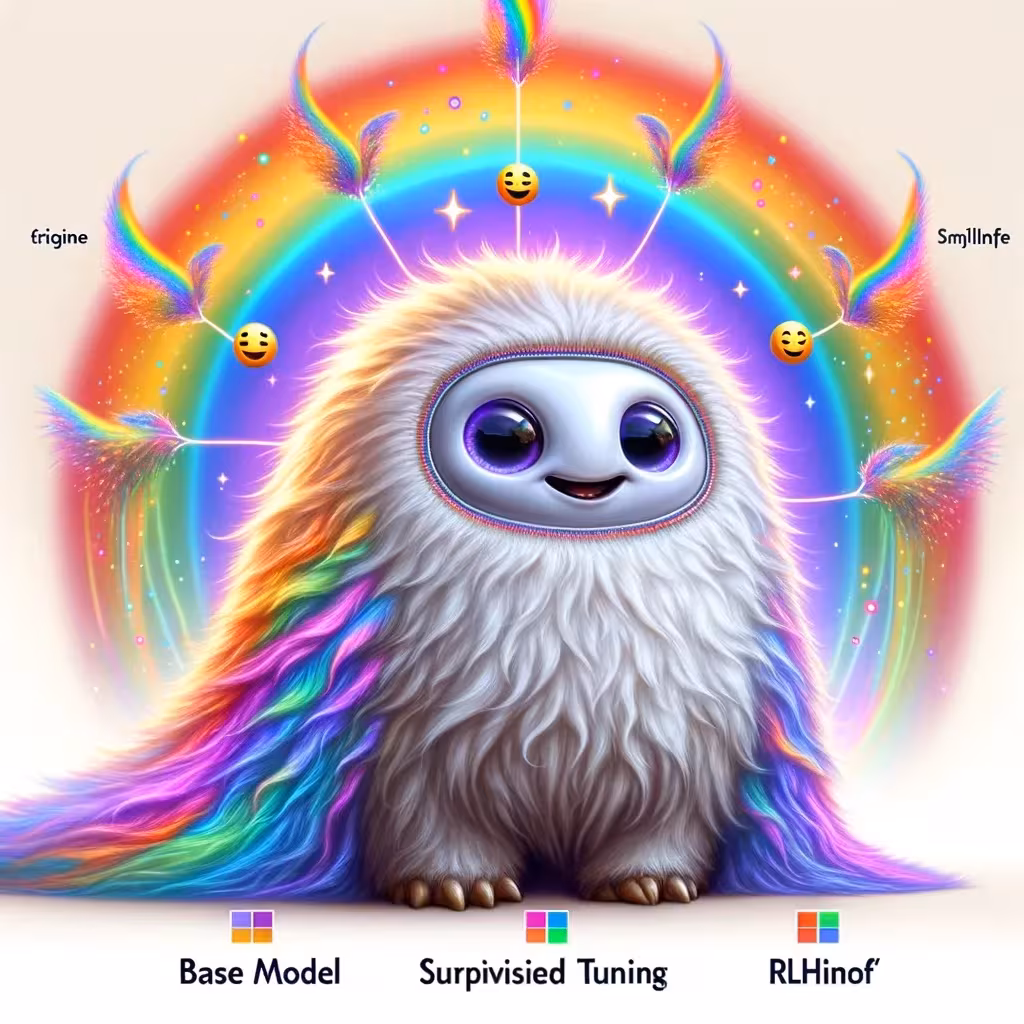 AI-generated image: Enhance the shoggoth creature to be even more cheerful and delightful. Add smiling faces to each part of the creature, symbolizing 'base model', 'supervised fine-tuning', and 'RLHF', to convey a sense of happiness and friendliness. Incorporate elements of rainbows in the design, with vibrant and colorful arcs that blend harmoniously with the creature's fluffy and soft appearance. These rainbows can be integrated into the creature's body or as a background element, adding a playful and magical atmosphere. The overall look should exude positivity, making the creature appear even more approachable, whimsical, and enchanting.