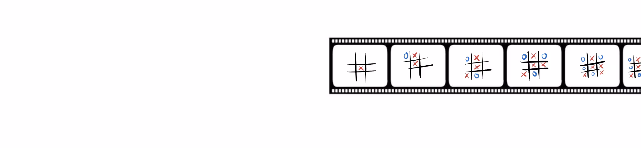 A film strip illustrating a "possibility" or a "film-strip of how-the-future-goes." Each frame shows a successive move in a single game of tic-tac-toe, from an early move to the game's completion.