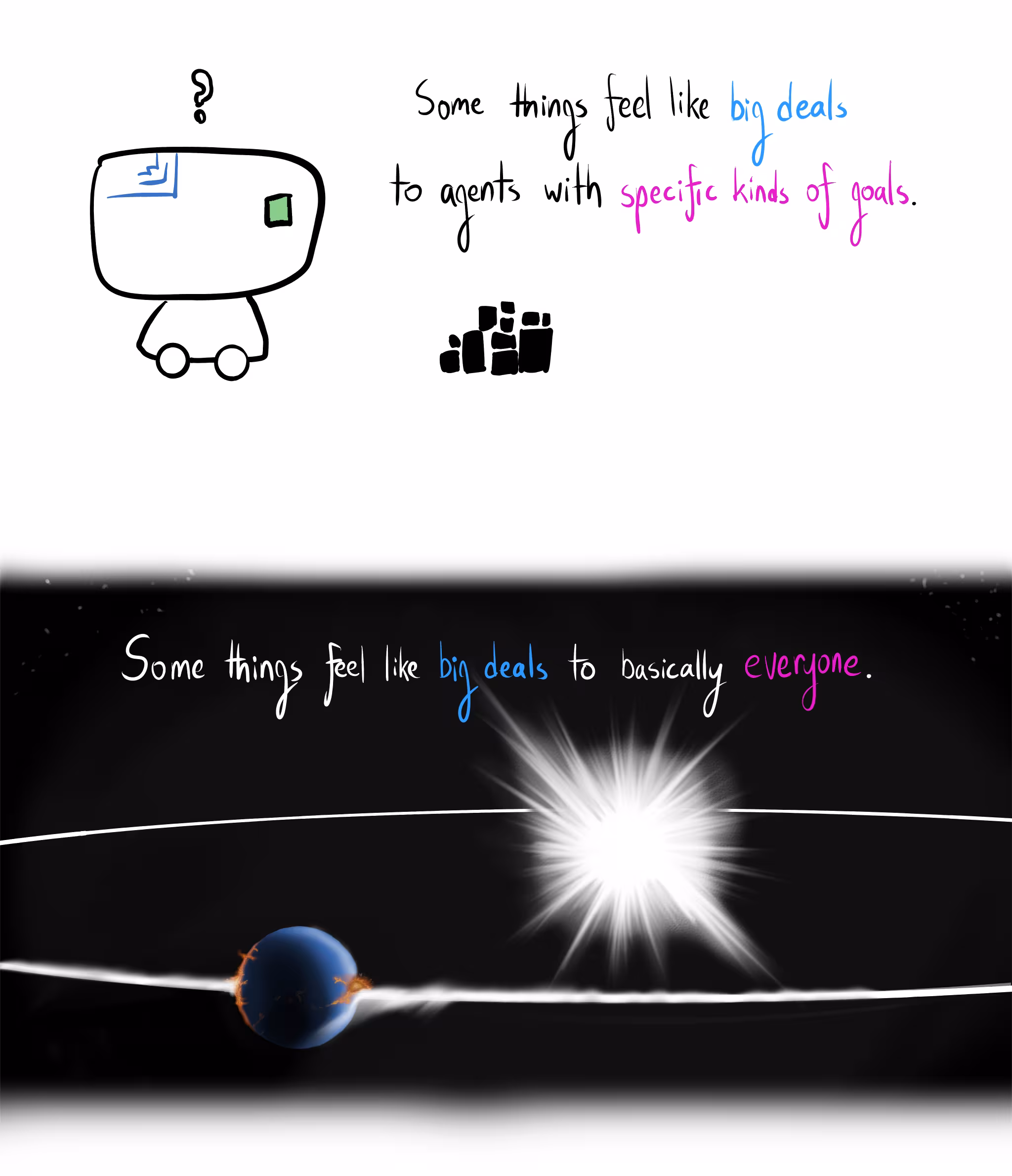 Top: A Pebblehoarder mourns their pebbles (now turned into obsidian cubes). Text: "Some things feel like big deals to agents with specific kinds of goals." Bottom: A planet being destroyed in space. Text: "Some things feel like big deals to basically everyone."