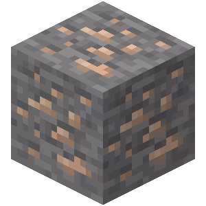A pixelated, cube-shaped block of iron ore from the video game Minecraft, shown as gray stone with brownish-orange flecks.