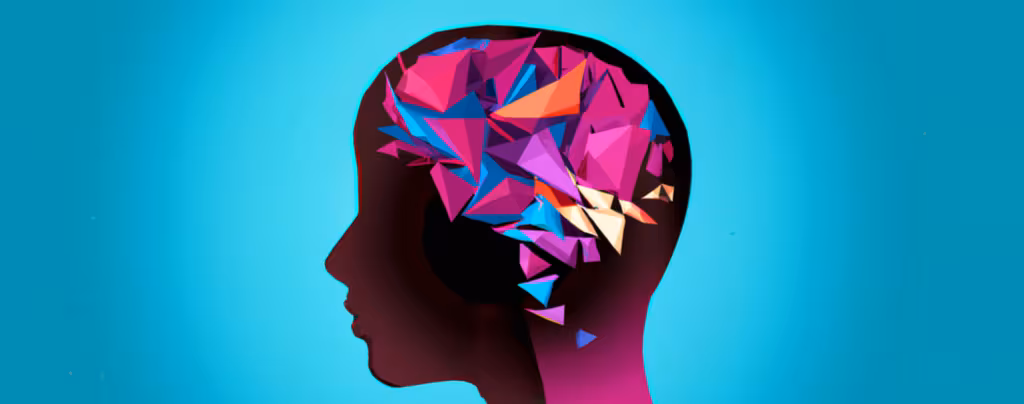 A silhouette of a human head against a turquoise background. The brain is depicted as a collection of colorful, geometric shards in pink, blue, and purple, visually representing the shard theory of human values.