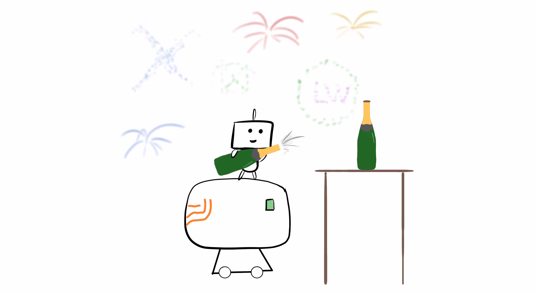 Frank the robot stands atop the orange Pebblehoarder, popping a bottle of champagne. In the background, celebratory fireworks explode, with one spelling out "LW" in purple.