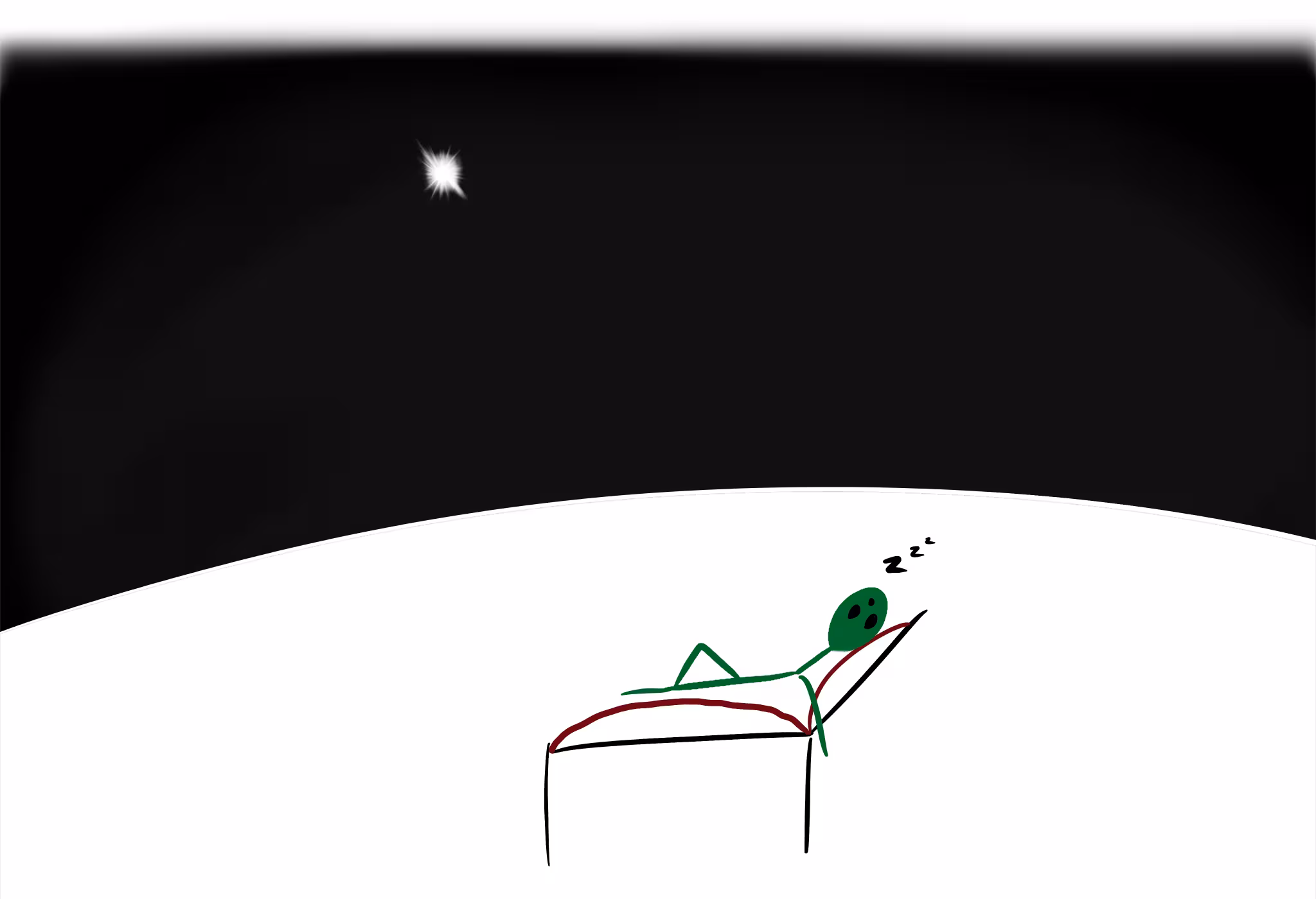 A green stick figure alien sleeping on a cot on a white, curved surface. Above, a single bright star shines in a black sky.