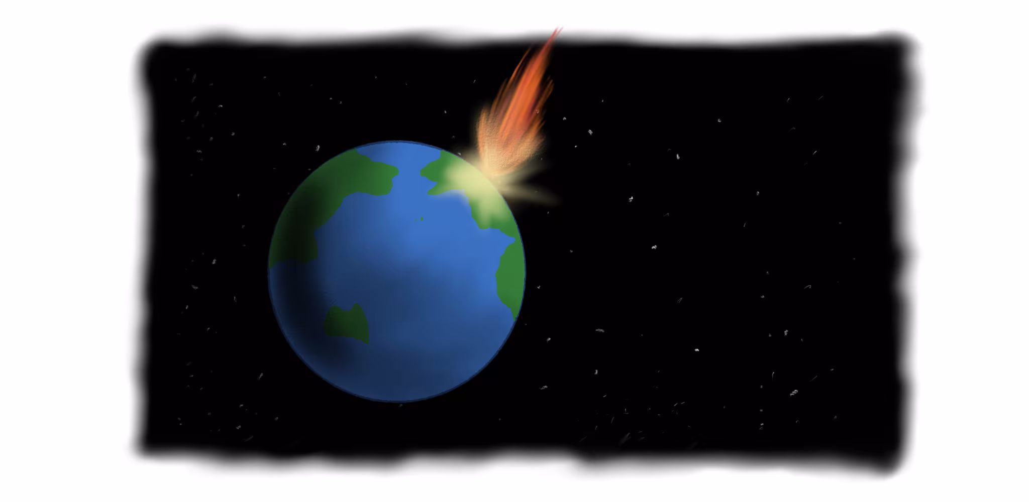 A drawing of a large, flaming meteor striking planet Earth from space. A bright, fiery explosion radiates from the point of impact on the planet's surface.