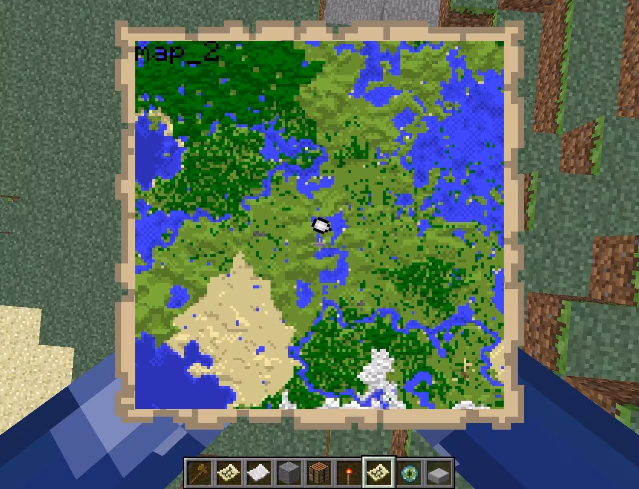 A first-person view in Minecraft showing a player holding a large map. The map displays a varied world of forests, water, and deserts, representing the different chunks an AI agent could be rewarded for reaching.