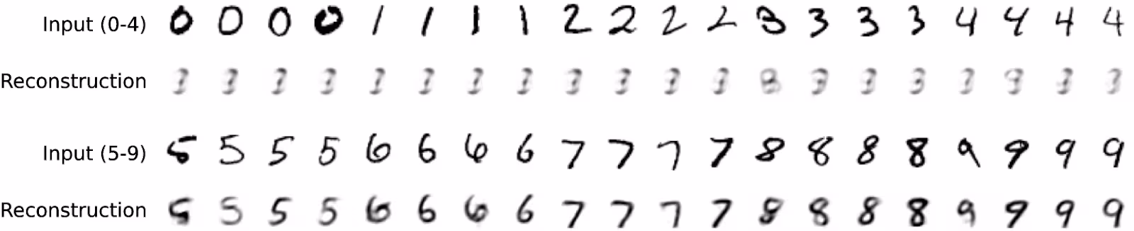 The top section shows input digits 0-4, which are all reconstructed incorrectly as blurry, unrecognizable numbers. The bottom section shows input digits 5-9, which are reconstructed correctly.