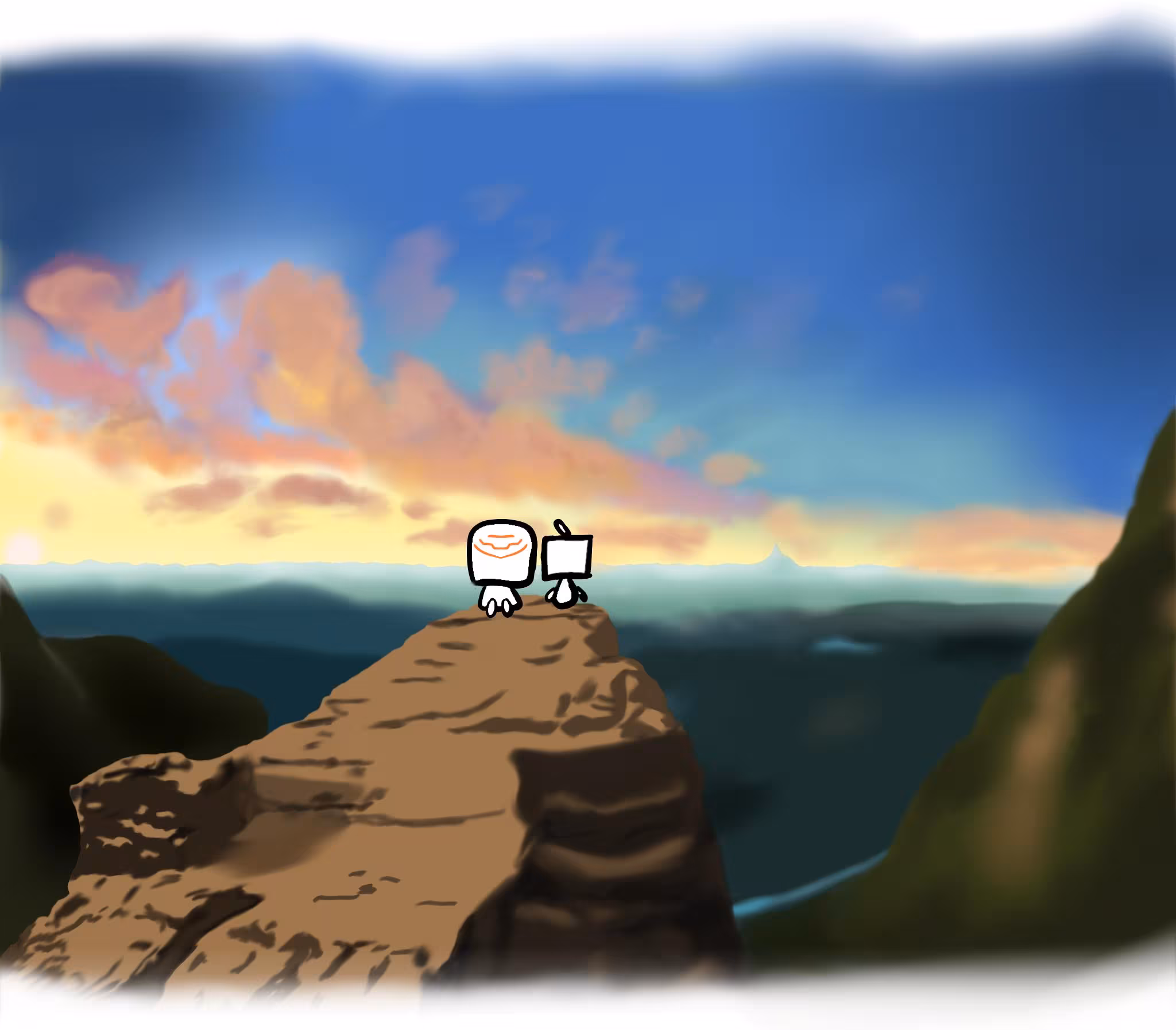 Frank and the Pebblehoarder sit together on a cliff's edge, overlooking a vast mountain range at sunset. The scene pays homage to the ending shot of the 2012 film, The Hobbit: An Unexpected Journey.