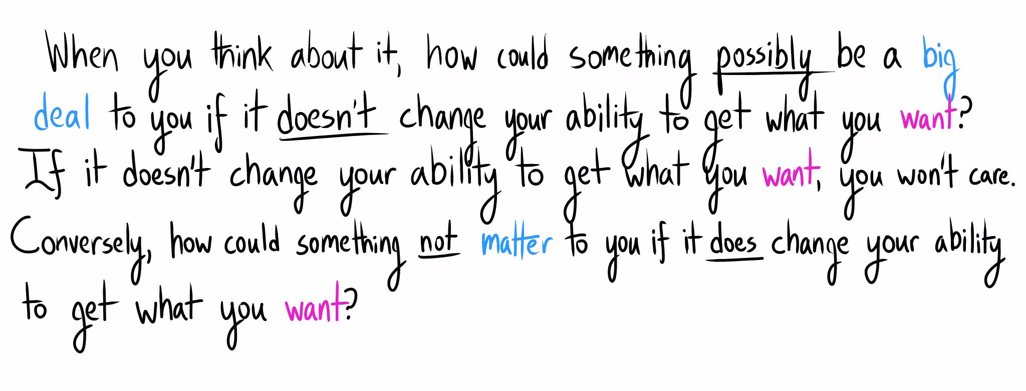 Handwritten text: "When you think about it, how could something possibly be a big deal to you if it doesn't change your ability to get what you want? If it doesn't change your ability to get what you want, you won't care. Conversely, how could something not matter to you if it does?"
