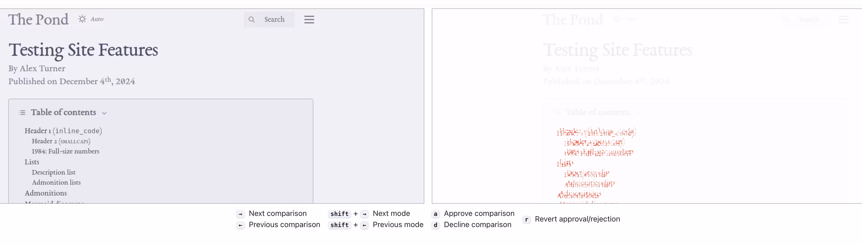 A visual regression testing tool showing a side-by-side comparison. The left panel displays the expected webpage with clear text. The right panel highlights a regression by showing the pixel-level diff. A toolbar at the bottom provides options to approve or reject the change.