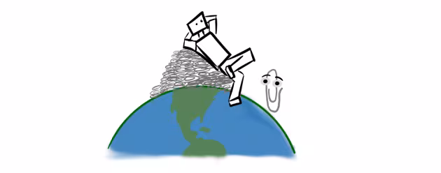 A cartoon illustrating the paperclip maximizer thought experiment from AI safety. A blocky robot lounges on a huge pile of paperclips that covers the Earth, as an anthropomorphic paperclip with eyes looks on.