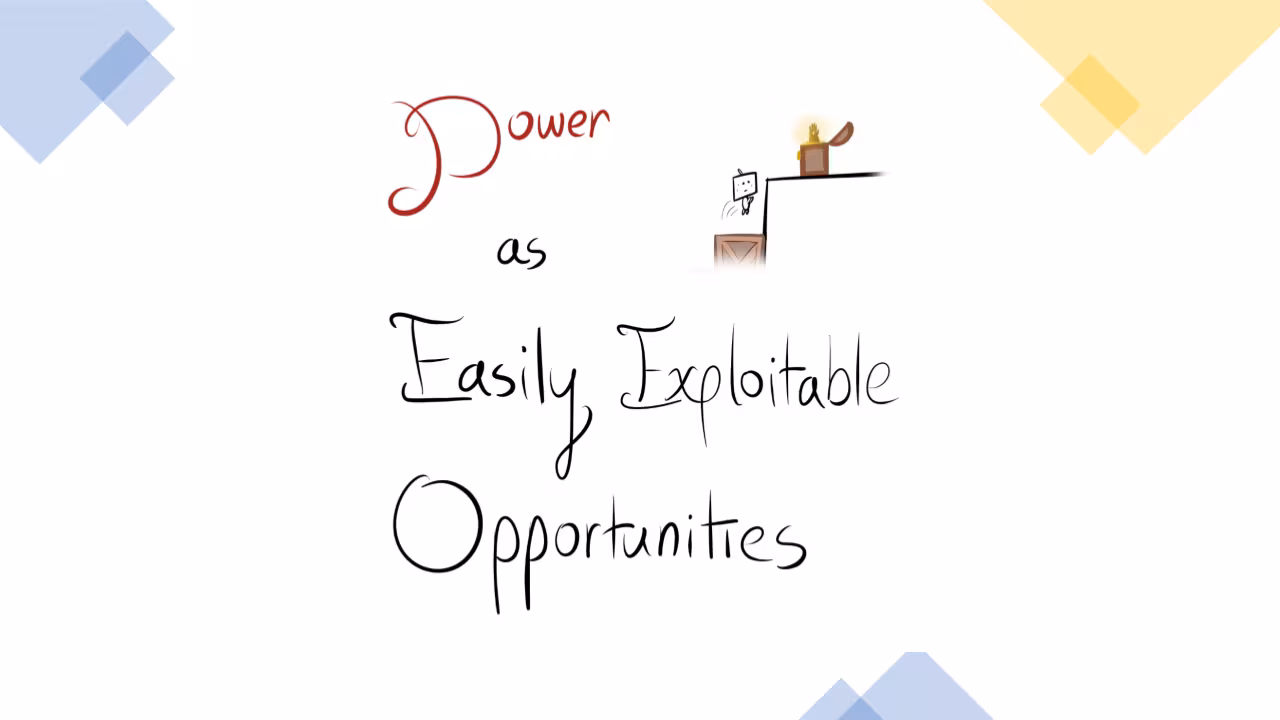 Title slide: "Power as Easily Exploitable Opportunities." A small cartoon character jumps from a wooden crate across a gap to reach a glowing treasure chest in which rests the Infinity Gauntlet.