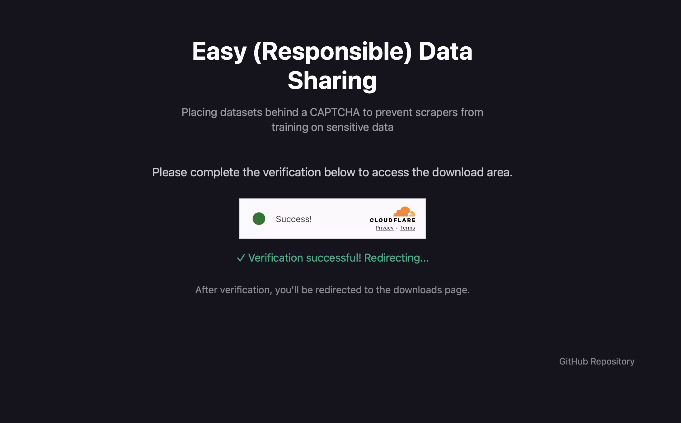 The "Easy (Responsible) Data Sharing" portal after successful Cloudflare verification.