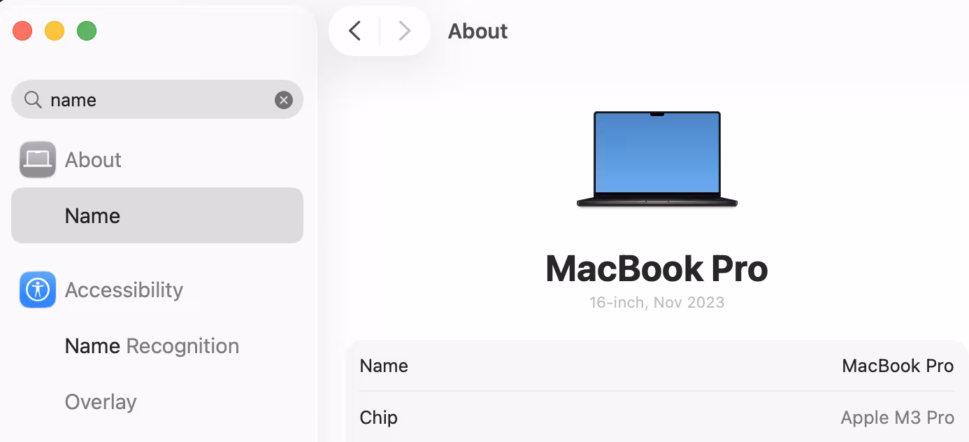 A screenshot of the macOS "About" settings. The device's name is set to the generic "MacBook Pro".