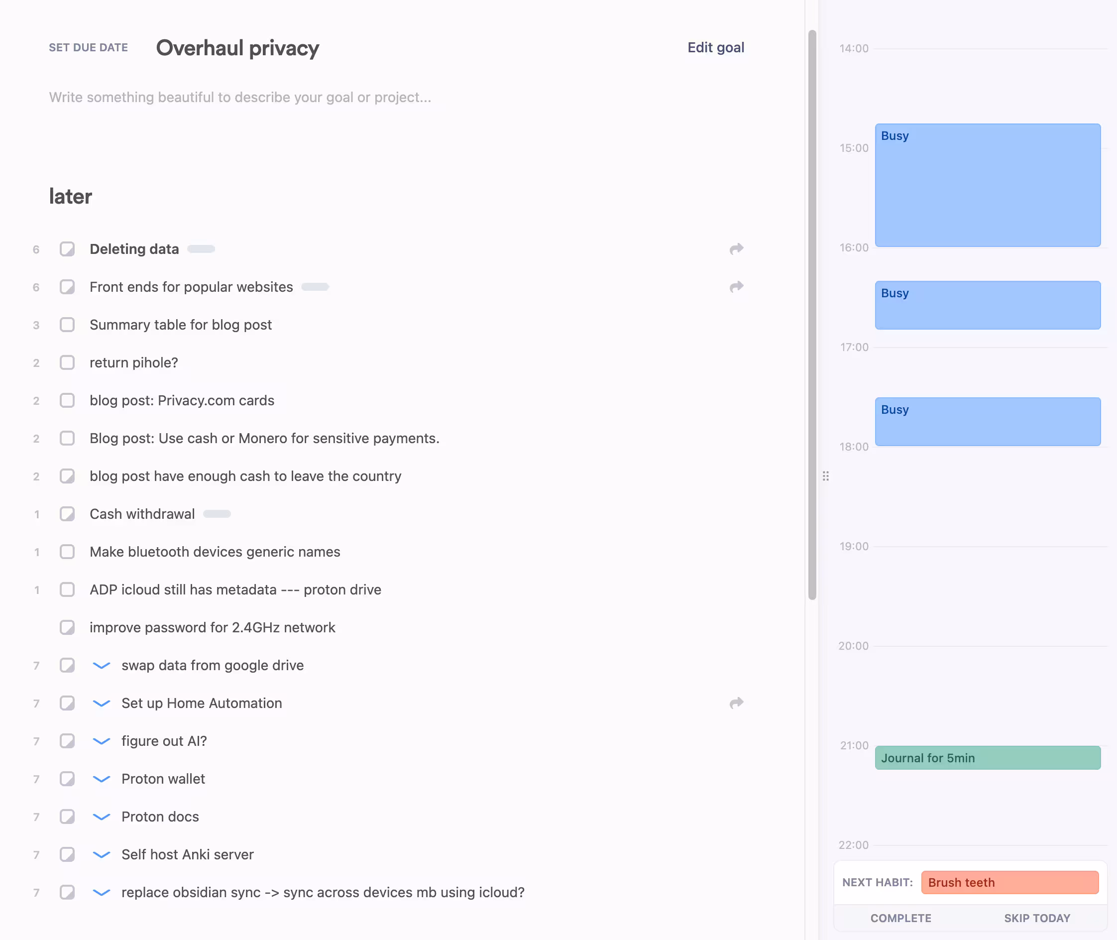 The Lunatask view of tasks for this post, with a calendar view on the side.