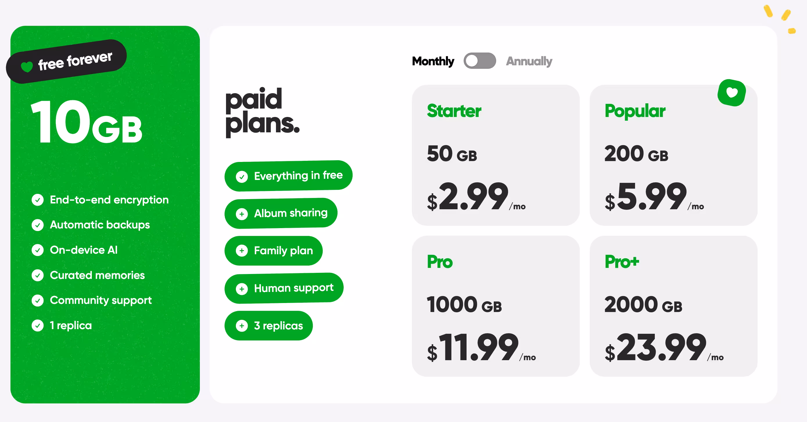 Ente photo storage pricing. Free forever: 10GB with end-to-end encryption & on-device AI. Paid monthly plans: Starter (50GB, $2.99), Popular (200GB, $5.99), Pro (1TB, $11.99), and Pro+ (2TB, $23.99).