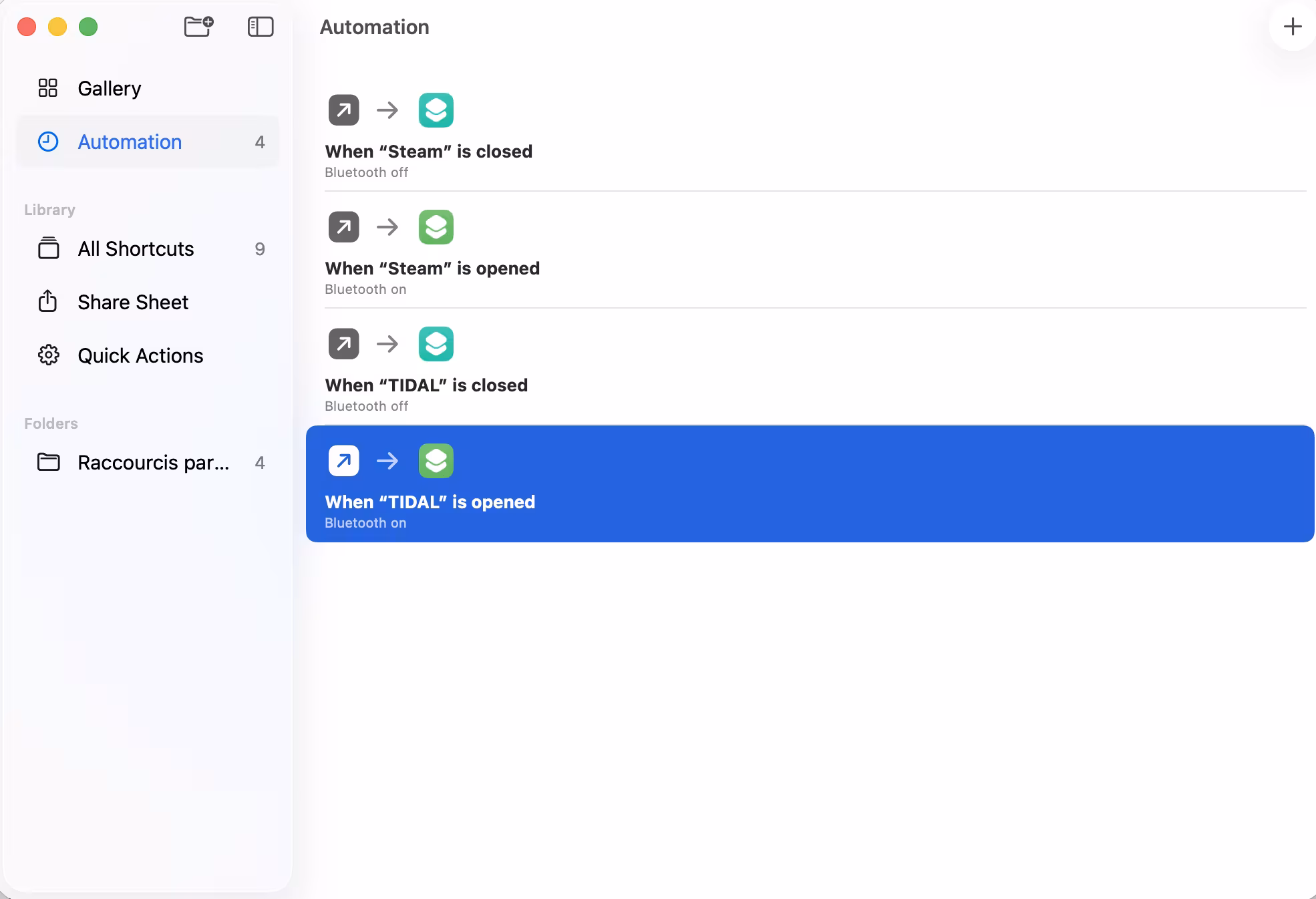 iOS Shortcuts which turn on Bluetooth when Tidal or Steam is opened, and turns off Bluetooth when one is closed.