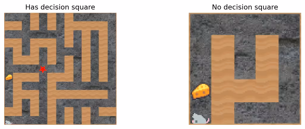 Two mazes illustrating a "decision square." Left, "Has decision square": A complex maze where a red star marks a four-way intersection, forcing a choice between paths. Right, "No decision square": A simple maze with a single, unambiguous path and no intersections.