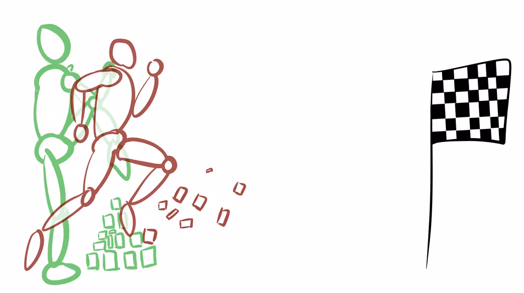 A line drawing illustrating negative side effects. A red stick figure runs toward a checkered finish line flag, destroying a structure made of red blocks in its path. A cautious green stick figure tiptoes over their own set of blocks, taking care to not disturb them.