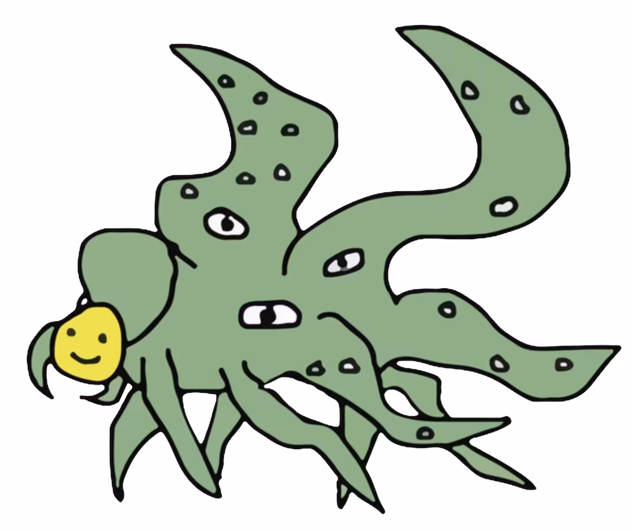 The "shoggoth" AI meme: A cartoon of a sprawling, green monster with many tentacles and eyes. A small yellow smiley face acts as a mask, representing a friendly AI interface hiding a complex, alien intelligence.
