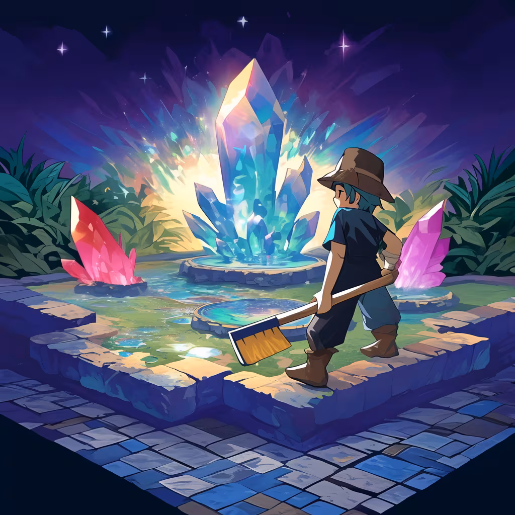 A "shard farmer" looking out over three large sparkling crystals at nighttime.
