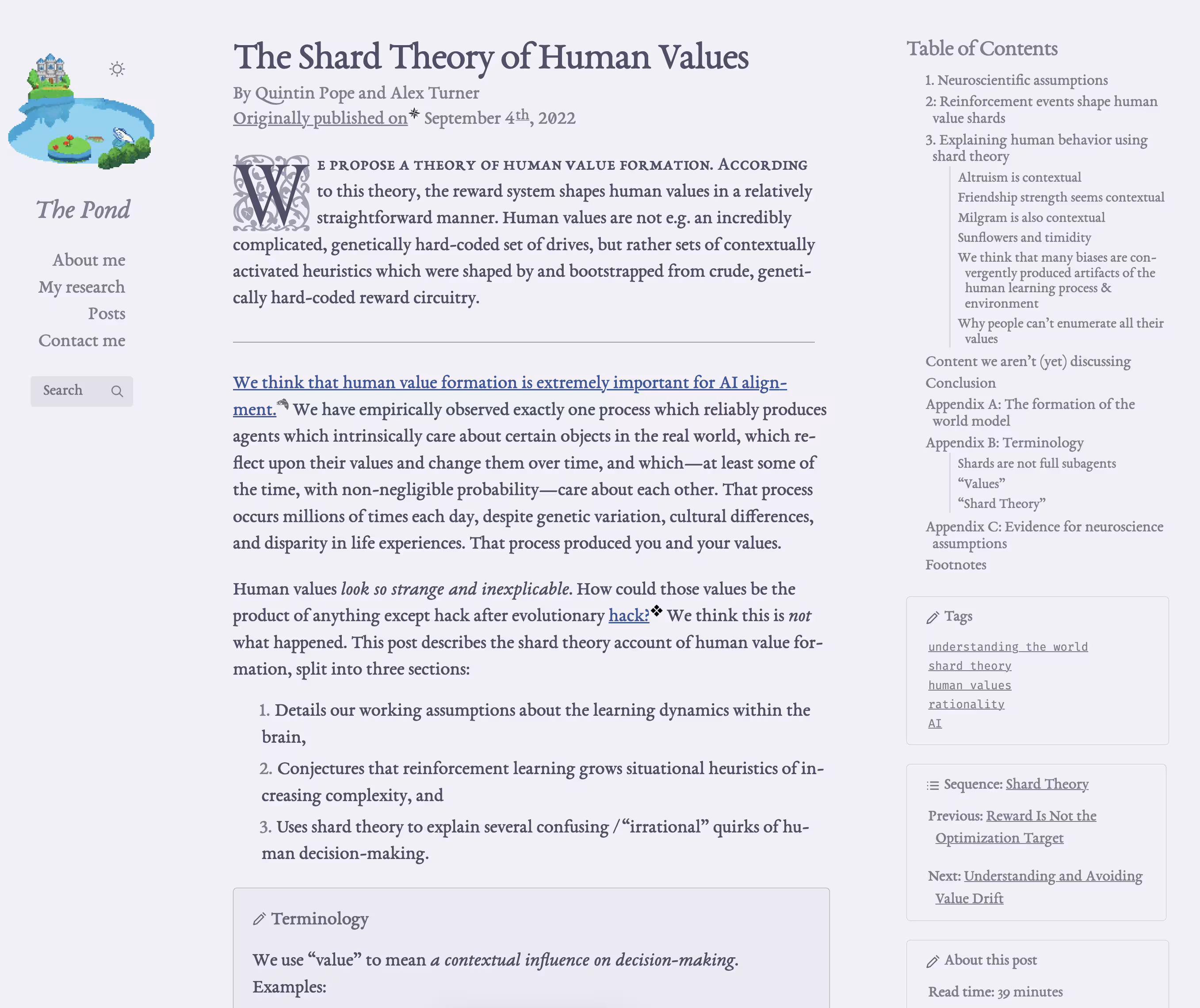 A screenshot of the "Shard Theory of Human Values" post on the turntrout.com website, showcasing the desktop design. The three-column layout features a left sidebar with a pixel art pond logo, a central article with a serif font and large dropcap, and a right sidebar with a table of contents.