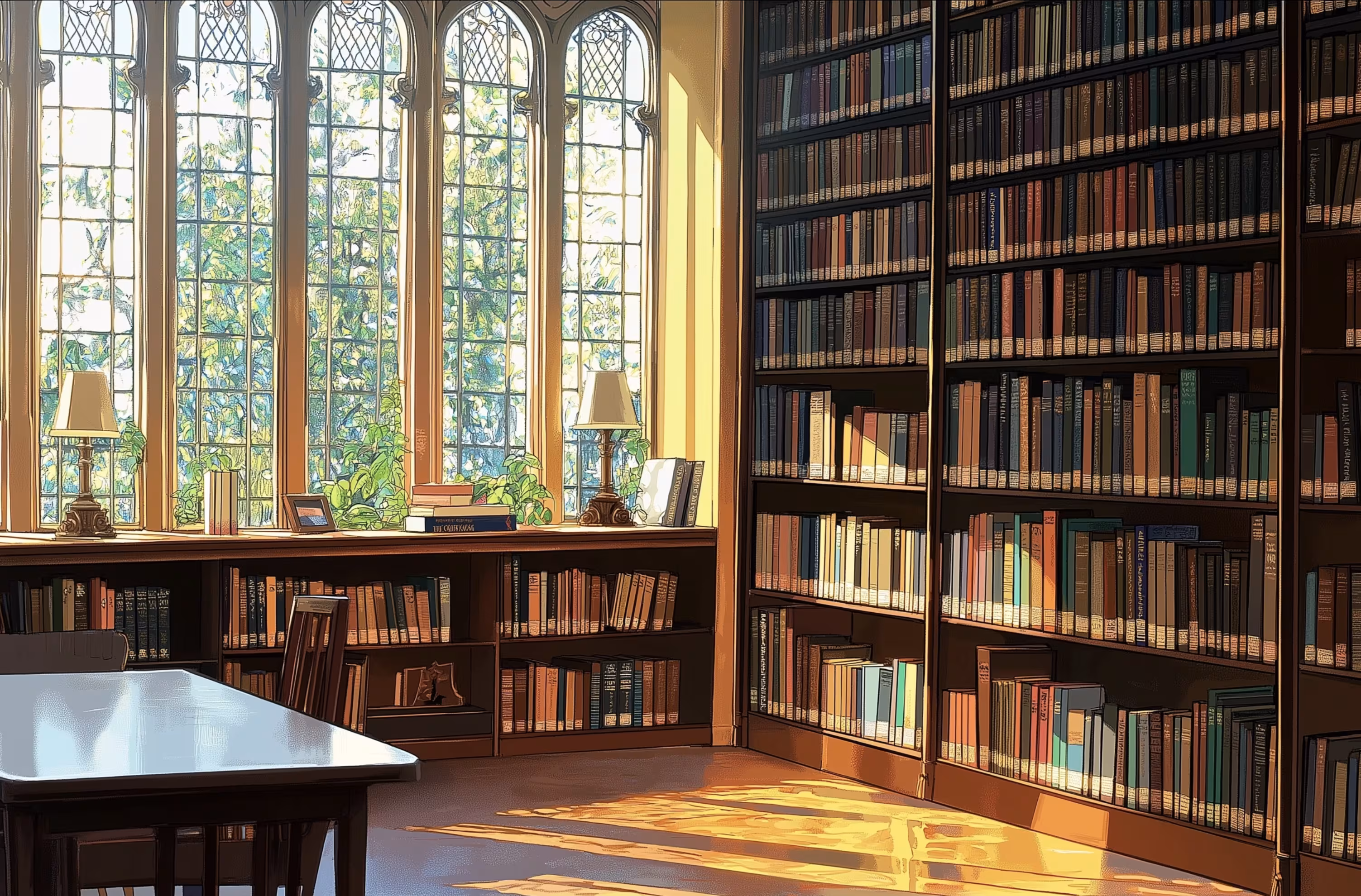 An anime-style illustration of a grand library bathed in sunlight. Bright light streams through large, arched windows, illuminating floor-to-ceiling bookshelves packed with books and a study table in the foreground, creating a warm and scholarly atmosphere.