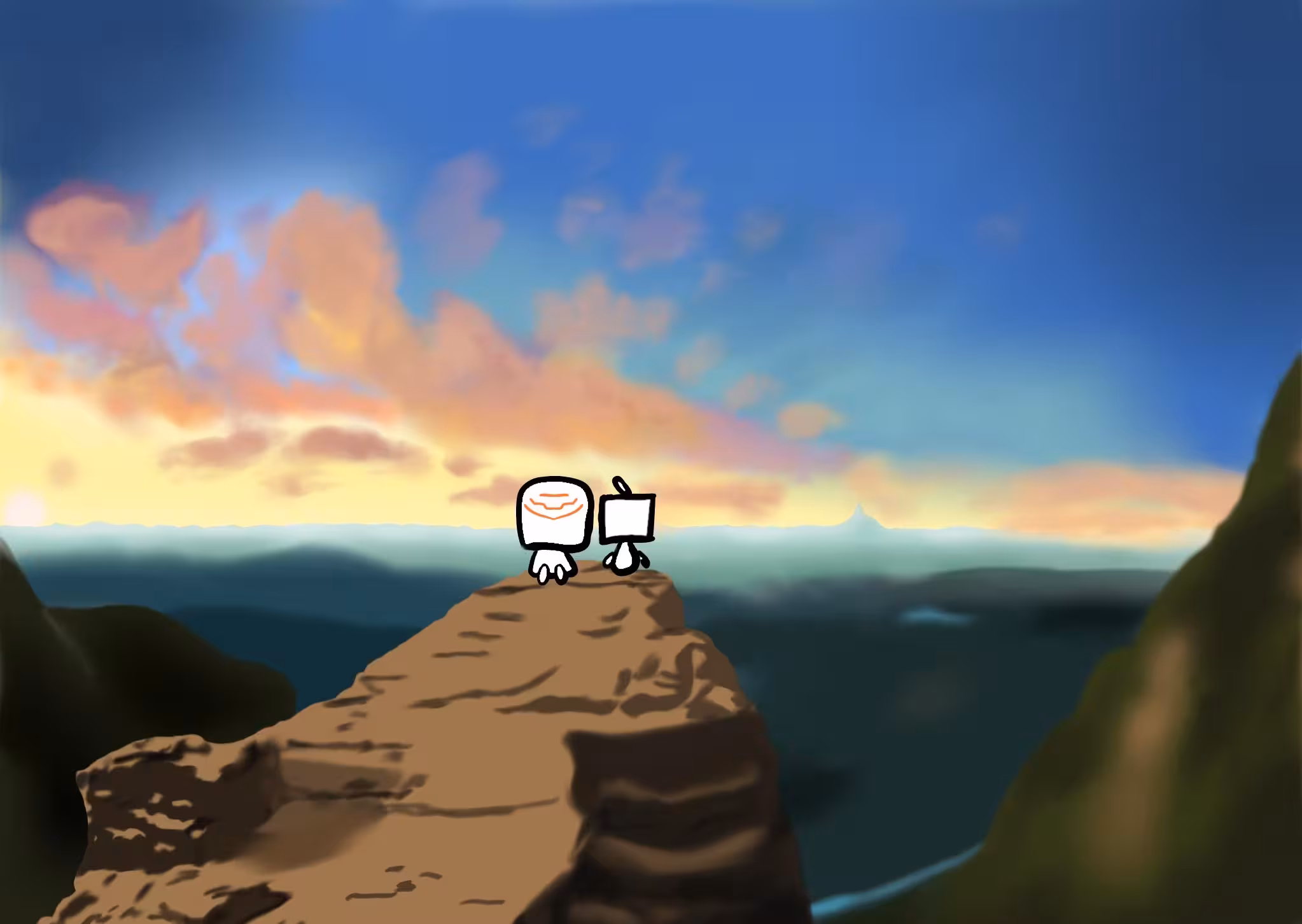 Frank and the Pebblehoarder sit together on a cliff's edge, overlooking a vast mountain range at sunset. The scene pays homage to the ending shot of the 2012 film, The Hobbit: An Unexpected Journey.
