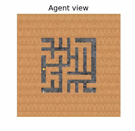 Agent view: A pixelated, 64x64 top-down view of a maze as seen by the AI agent. The maze has gray walls on a brown, wood-textured floor. A small gray circle represents the agent near the bottom-left, and a yellow square represents the cheese on the left side of the maze.